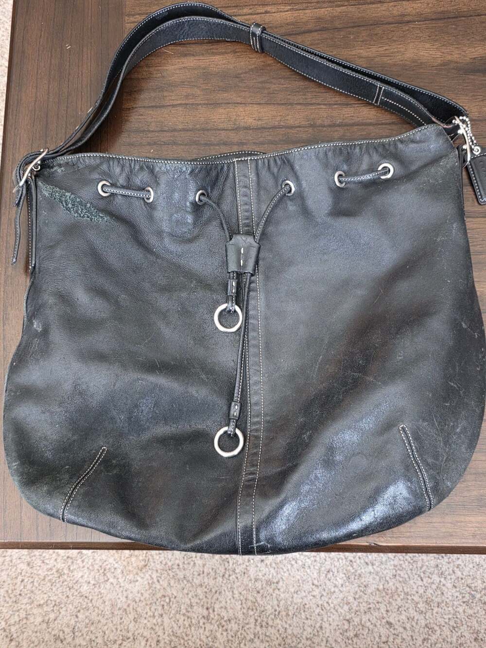 Vintage Coach Napa Large Drawstring Shoulder Bag in Black Leather